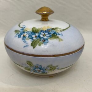 Bavarian Powder Bowl Trinket Covered Dish Gold Knob & Trim 4 In X 3 1/4 Vintage